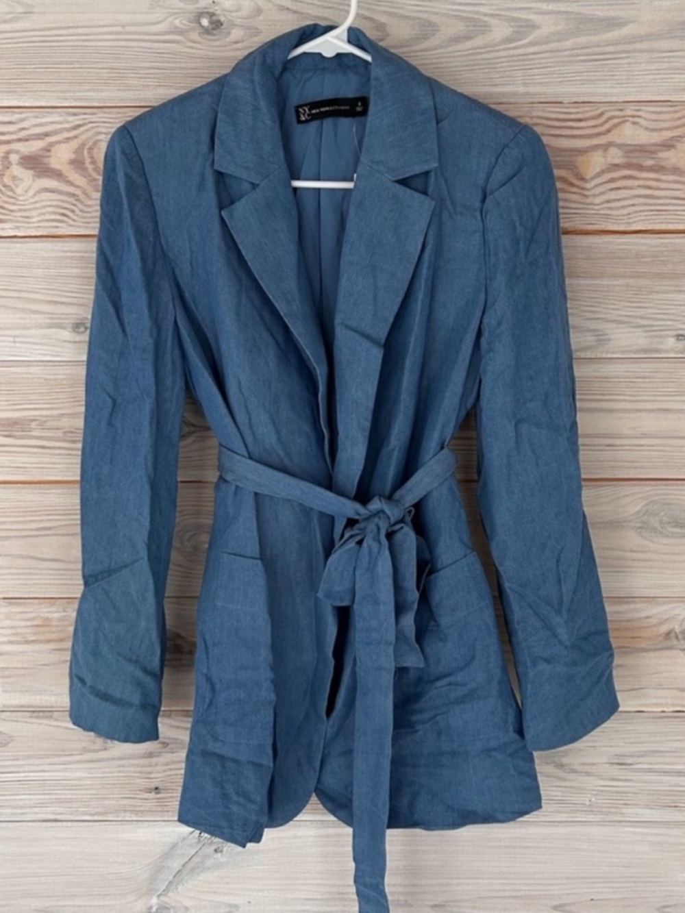 NWT NY&C Womens Small Blue Denim Style Belted Lined Collared Open Jacket